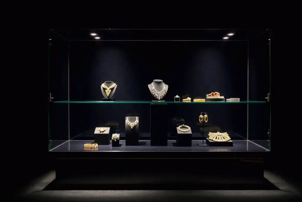 A luxury jewelry display case showcasing elegant pieces, highlighting trends in effective jewelry sales.